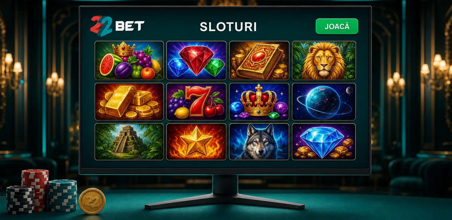 Lobby-ul de sloturi 22Bet cu titluri afișate în grilă